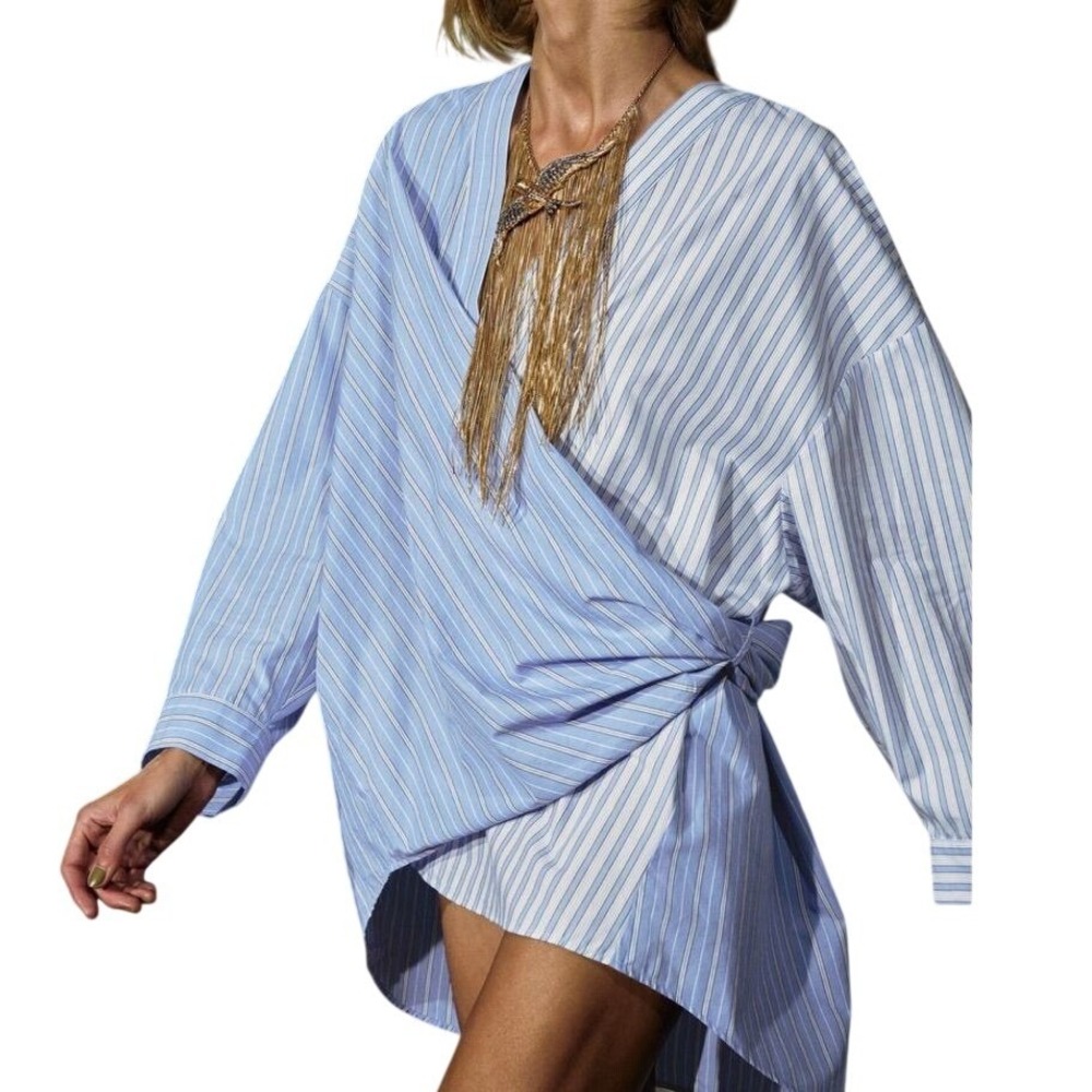 Zara Poplin Wrap Shirt Womens XS Blue White Stripe Oversized Modern Classic